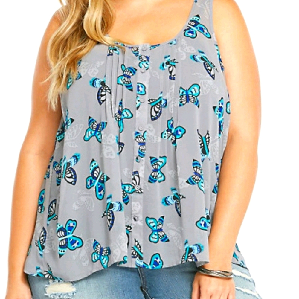 Butterfly print chiffon tulip back tank top